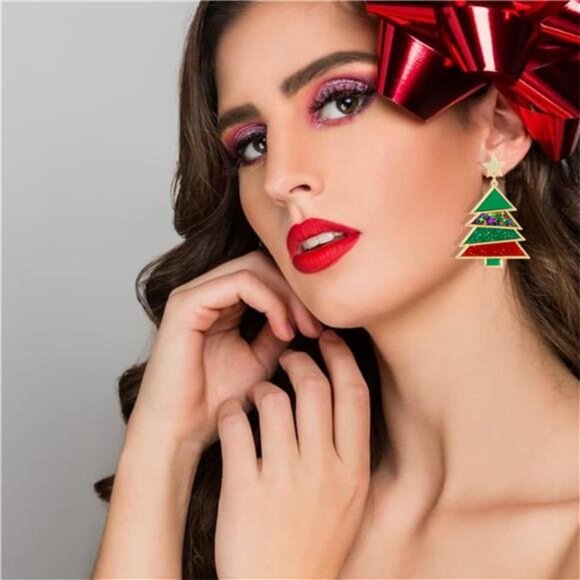 Red & Green Acrylic Christmas Earrings | Festive Holiday Tree Jewelry Gift - Picture 4 of 6